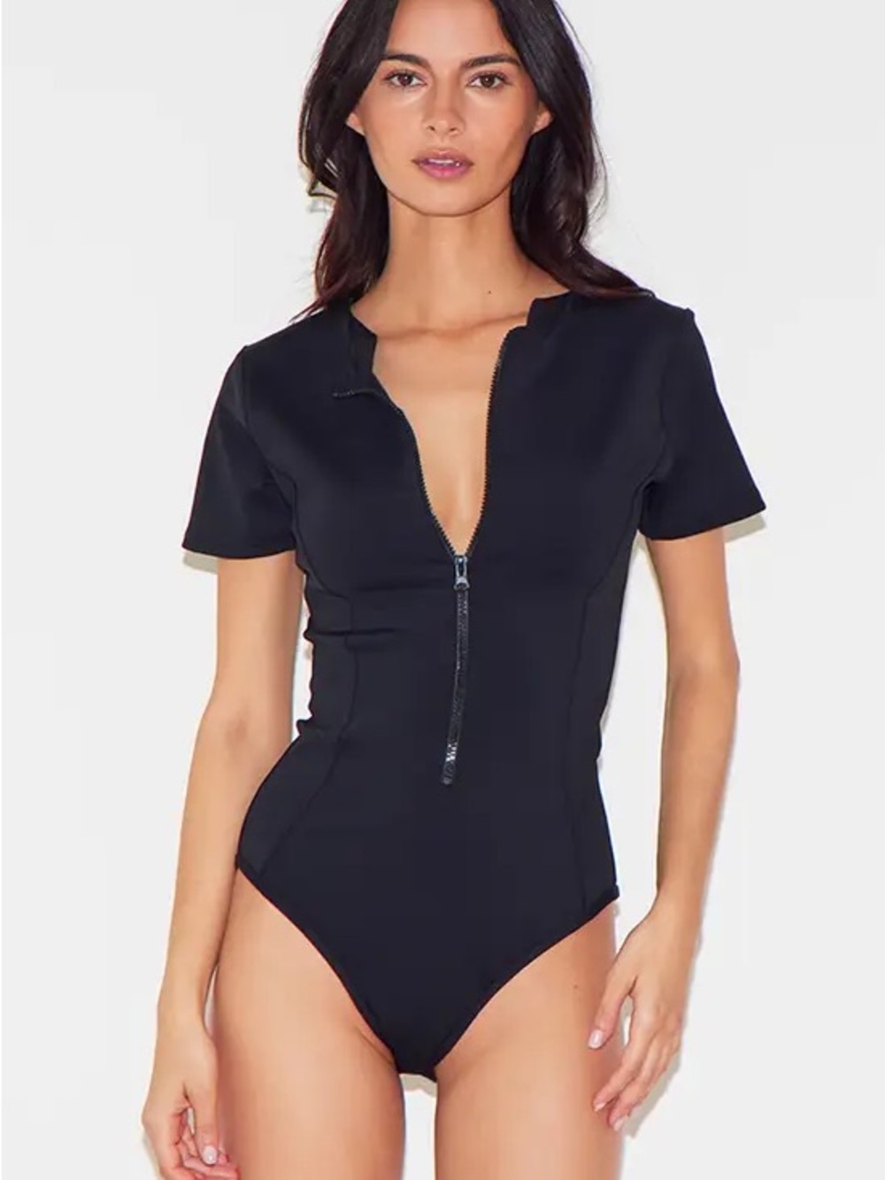 PrettyLittleThing Black Short Sleeve Scuba Zip-Front  Bodysuit